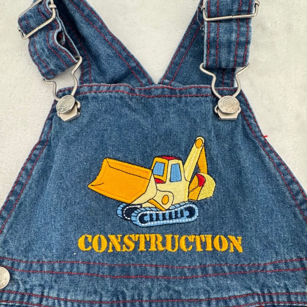 Kids Construction Theme Denim Shortalls 18 Months Vintage Embroidered Overalls - Picture 2 of 6